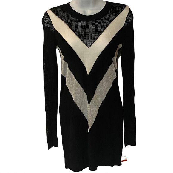 INC Fishnet Sleeve Tunic Silver Off-White Chevron Black Light Sweater Knit Top - Picture 1 of 9